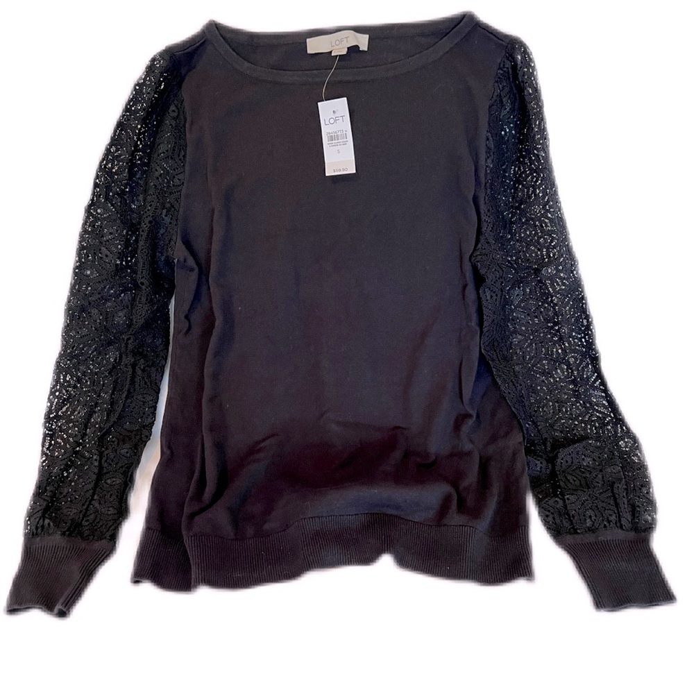 NWT LOFT Black Cotton top with Lace Arm Size Small